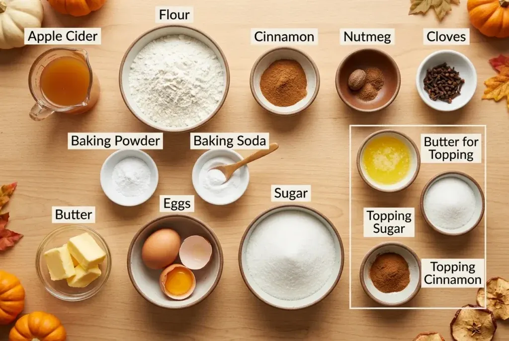 Ingredients for apple cider donut cake arranged in separate bowls