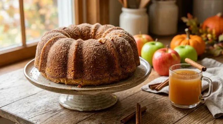 Homemade apple cider donut cake topped with cinnamon sugar and surrounded by apples and fall decorations
