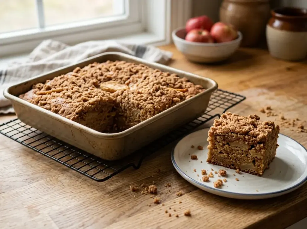 Cooled apple crumb cake with cinnamon streusel sliced and ready to serve - apple crumb cake recipe
