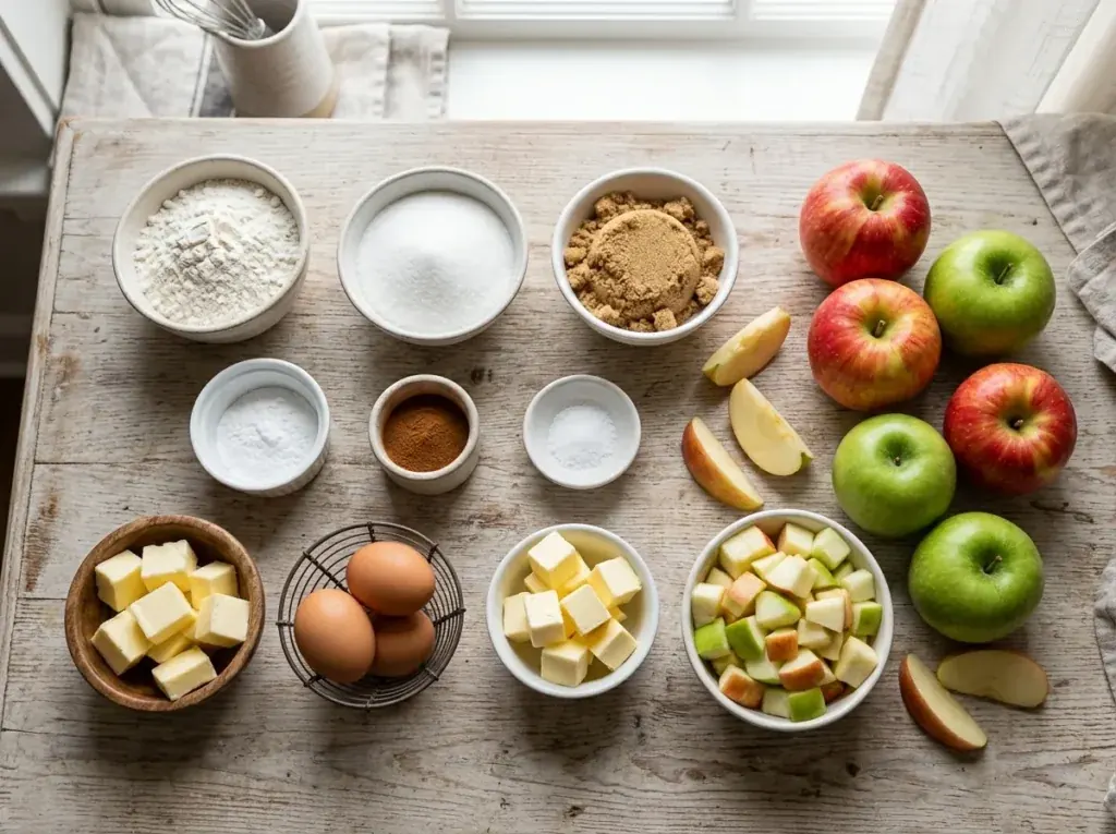Ingredients for apple crumb cake with cinnamon streusel