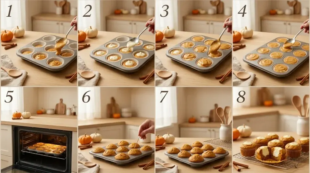 Steps for assembling and baking pumpkin cream cheese muffins