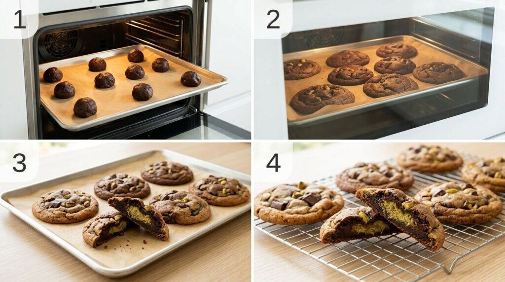 Four steps for baking Dubai chocolate cookies with crisp edges and chewy centers