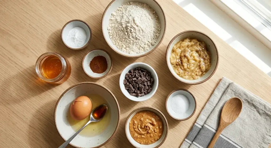 Flat-lay of healthy oat cookie ingredients in white bowls: oat flour, mashed banana, peanut butter, honey, egg, vanilla, dark chocolate chunks, cinnamon, baking powder and salt.