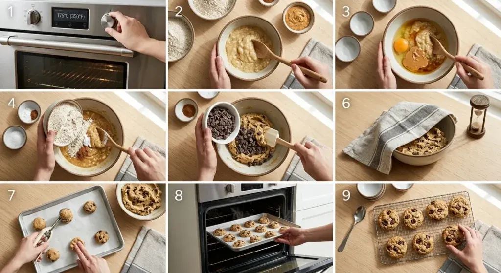 Numbered nine-step guide to making healthy oat chocolate chip cookies, from preheating the oven through mashing the banana, mixing the dough, folding in chocolate, resting, scooping, baking and cooling.