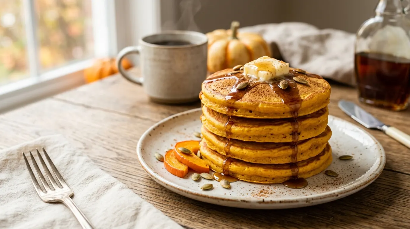 Fluffy pumpkin pancakes with maple syrup