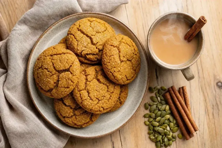 Overhead shot of chewy pumpkin cookies stacked on a plate beside a warm cup of chai tea