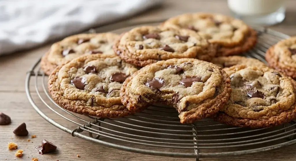 Freshly baked chocolate chip cookies with crisp edges and soft, chewy centers resting on a wire cooling rack, with one cookie bitten into.