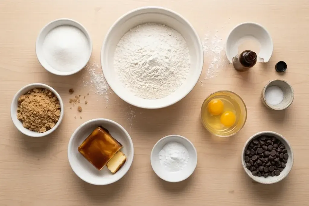Flat-lay top-down view of chocolate chip cookie ingredients in separate white bowls on a wooden table, including flour, butter, brown and white sugar, eggs, vanilla extract, baking soda, salt, and chocolate chips.