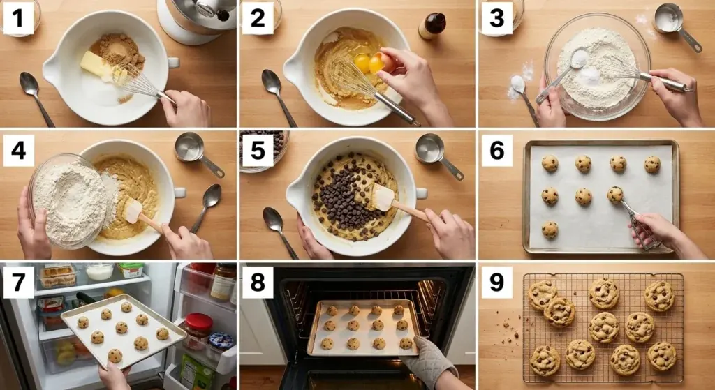 A top-down, step-by-step visual guide to chocolate chip cookie ingredients arranged in a numbered 3x3 grid on a light wood surface, perfect for following along with a recipe.