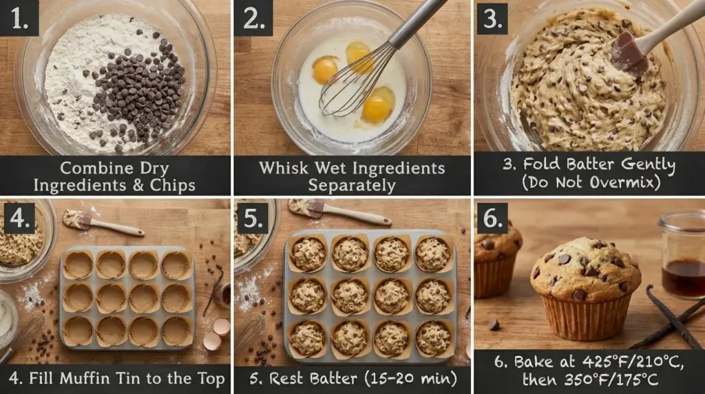 steps image to prepare chocolate chip muffins the right way