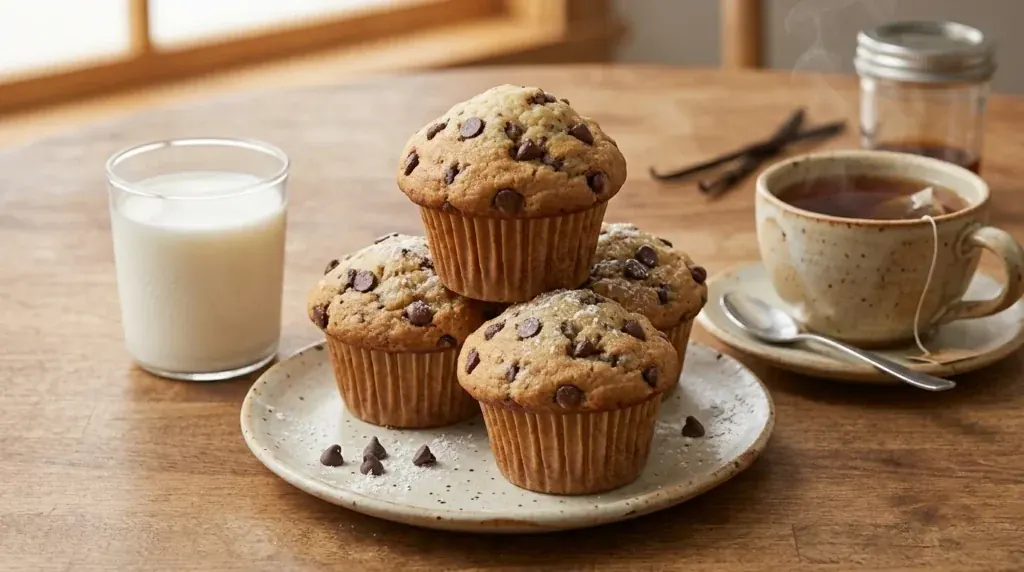 Close-up shot of a perfectly baked, tall chocolate chip muffin resting next to a glass jar.