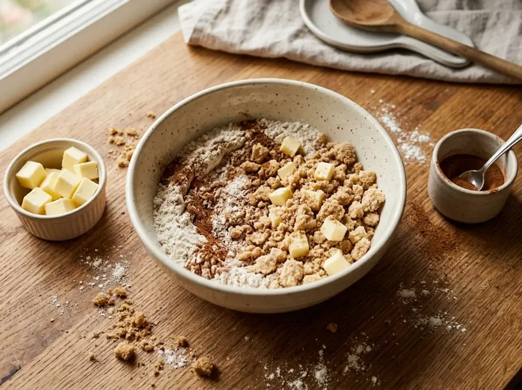 Cinnamon streusel topping ingredients with flour, brown sugar, butter, and cinnamon - apple crumb cake recipe