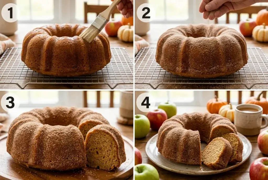 Apple cider donut cake coated with cinnamon sugar and served for fall