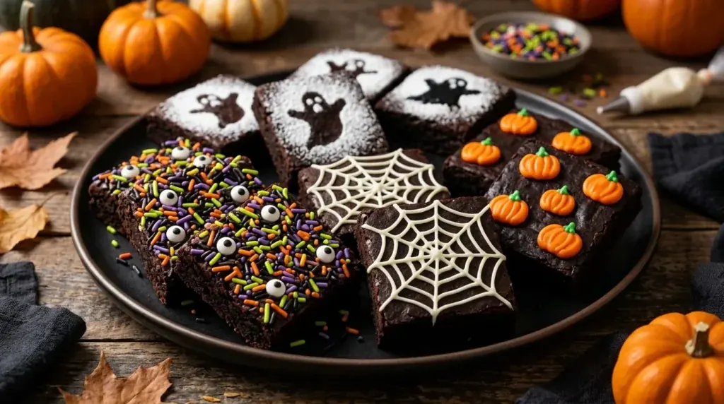 Spooky Halloween brownies decorated with candy eyes, sprinkles, spiderwebs, pumpkins, powdered sugar, and black frosting.