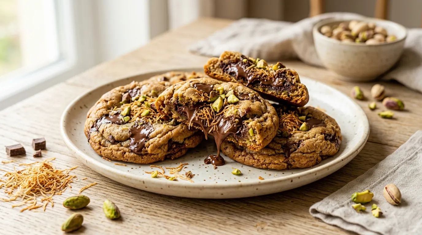 Delicious Dubai chocolate cookies with chocolate, pistachio, and crispy kataifi filling