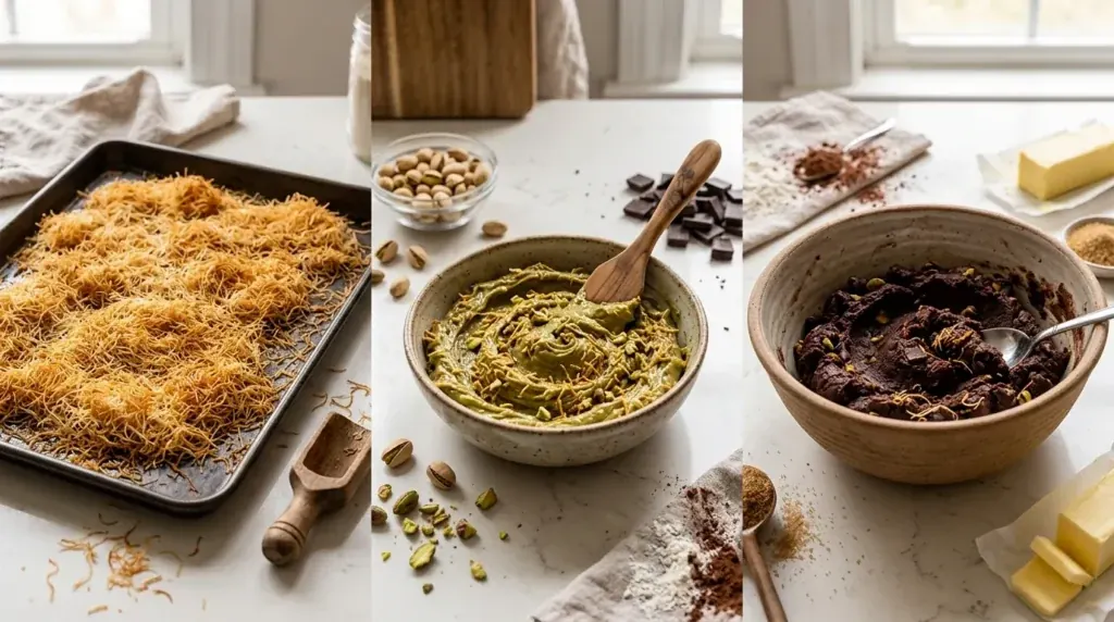 Preparing Dubai chocolate cookie dough with toasted kataifi and creamy pistachio filling