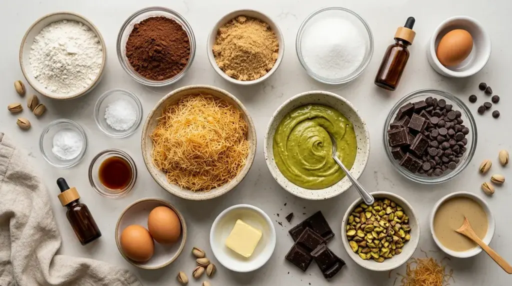 Ingredients for Dubai chocolate cookies with pistachio cream, kataifi pastry, cocoa, and chocolate