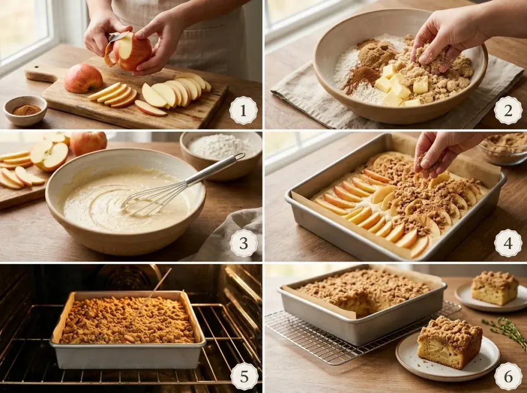 Step-by-step process for making easy apple crumb cake with cinnamon streusel - apple crumb cake recipe