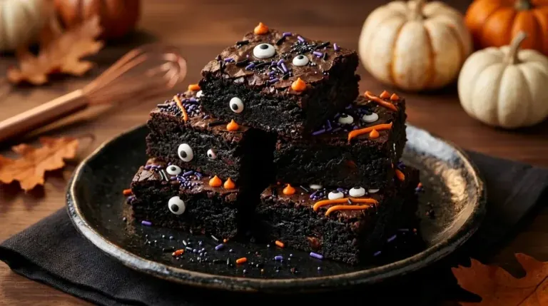 Easy Halloween brownies made with black cocoa, chocolate, candy eyes, and orange frosting.
