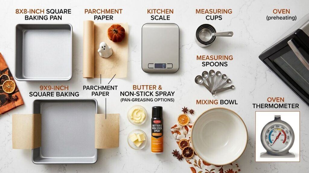 Essential baking tools for Halloween brownies including square pans, parchment paper, measuring tools, and kitchen supplies.