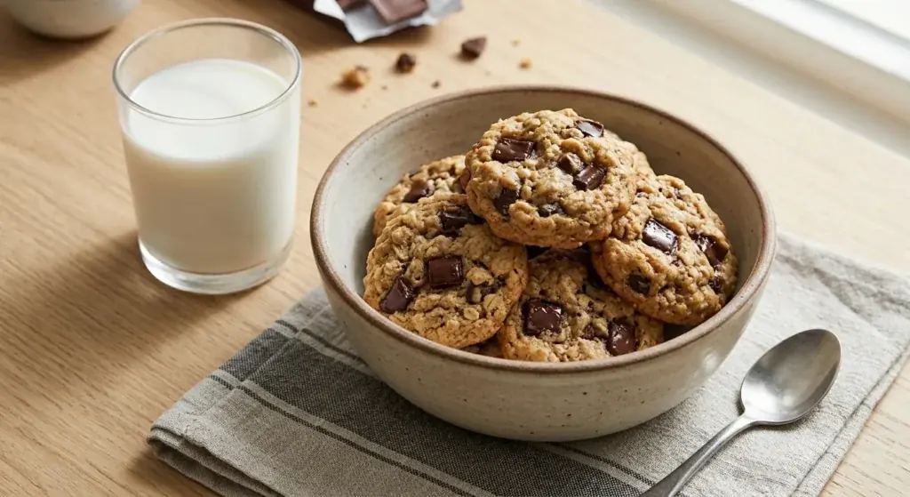 Healthy oat chocolate chip cookies piled in a speckled ceramic bowl beside a glass of milk on a light wood table.