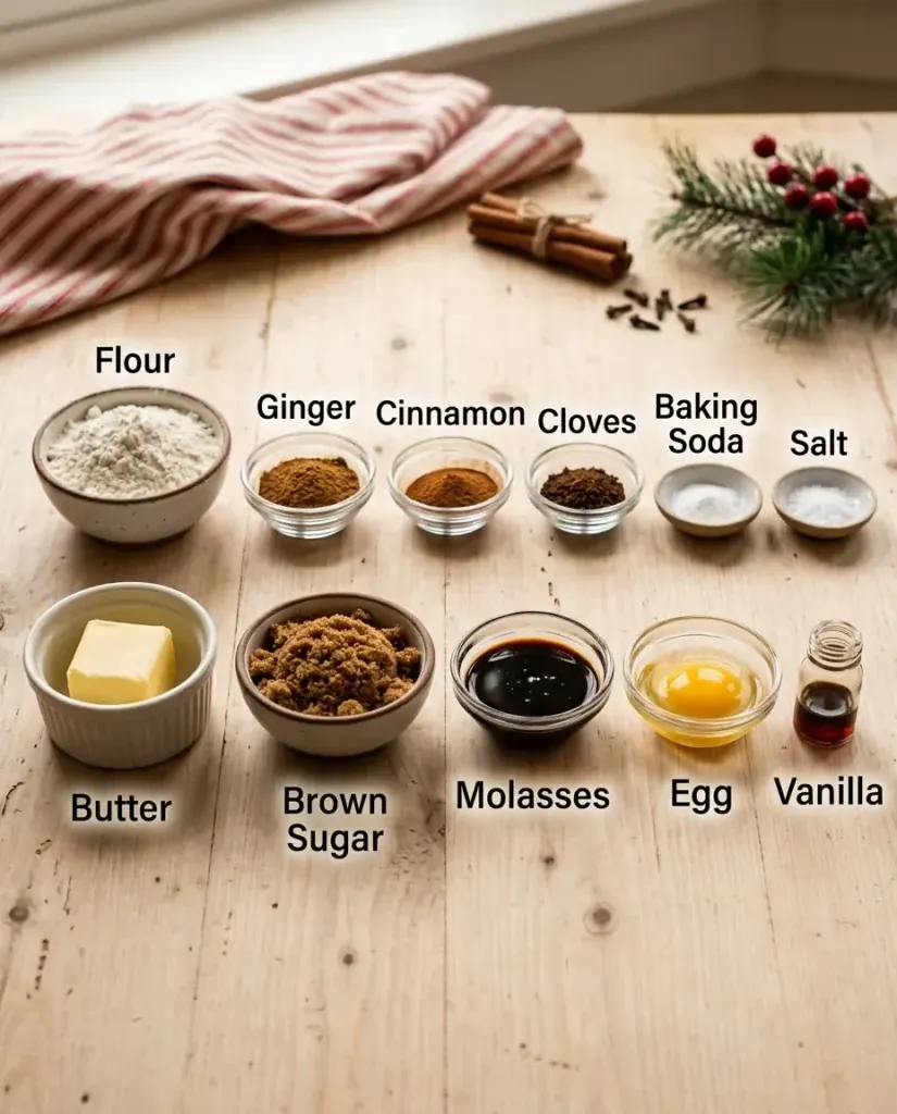 Gingerbread cookie ingredients in separate bowls