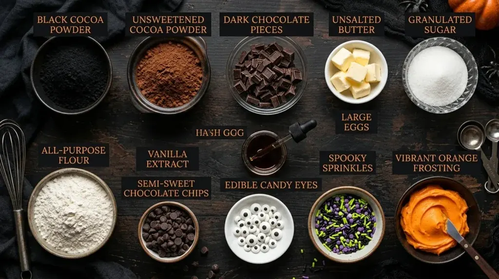 Ingredients for rich fudgy Halloween brownies arranged in separate bowls with labeled names.