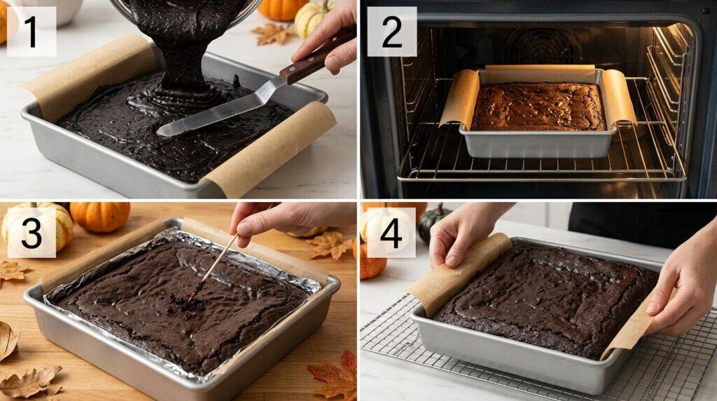 Four-step process for baking fudgy Halloween brownies from spreading the batter to cooling the baked brownies.