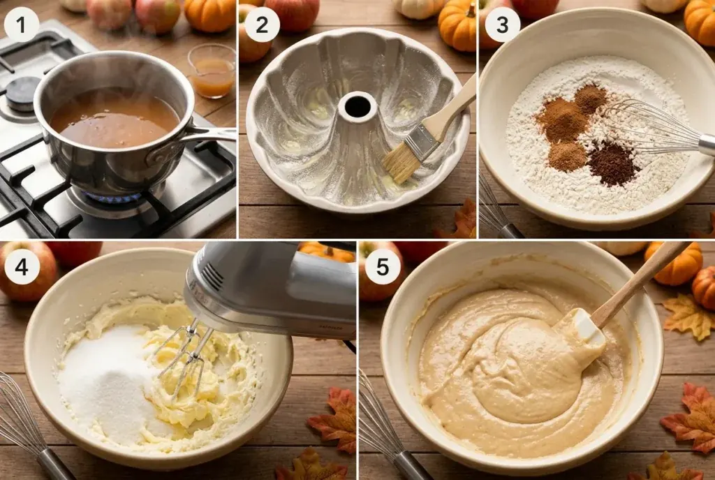 Step-by-step process for making apple cider donut cake from scratch