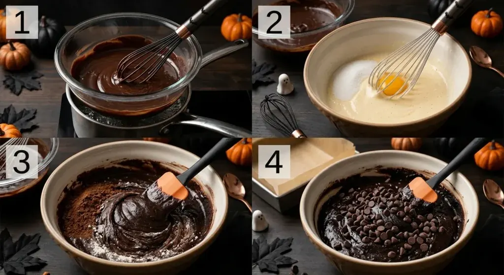Four-step process for making black chocolate brownie batter, from melting chocolate to folding in chocolate chips.