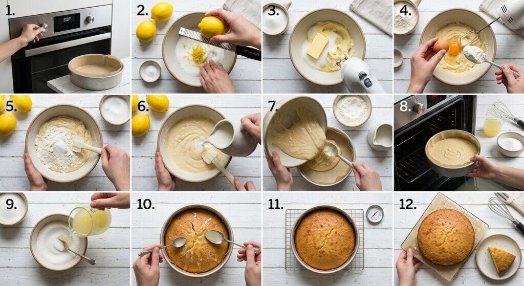 A 12-panel photographic grid illustrating the step-by-step process of baking a circular lemon cake, from preheating the oven and mixing ingredients to baking, glazing, and cooling the final cake.