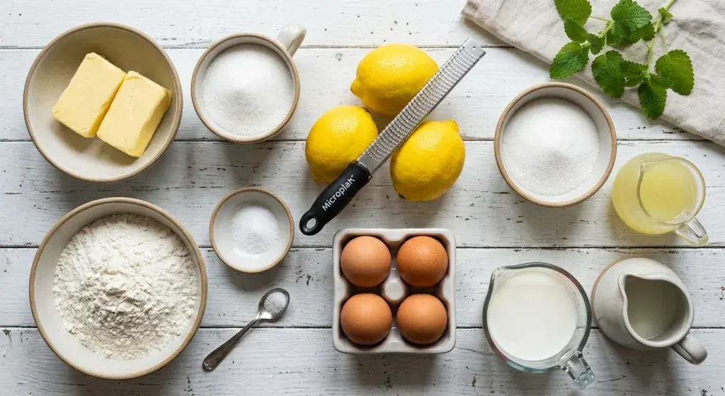 Top-down flat lay view of lemon drizzle cake ingredients arranged in small ceramic bowls on a white wooden surface, including softened butter, granulated sugar, fresh whole lemons with a zester, four eggs, flour, salt, whole milk, and freshly squeezed lemon juice.