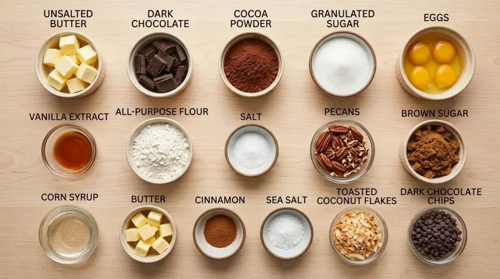 Pecan pie brownies ingredients arranged separately in labeled bowls