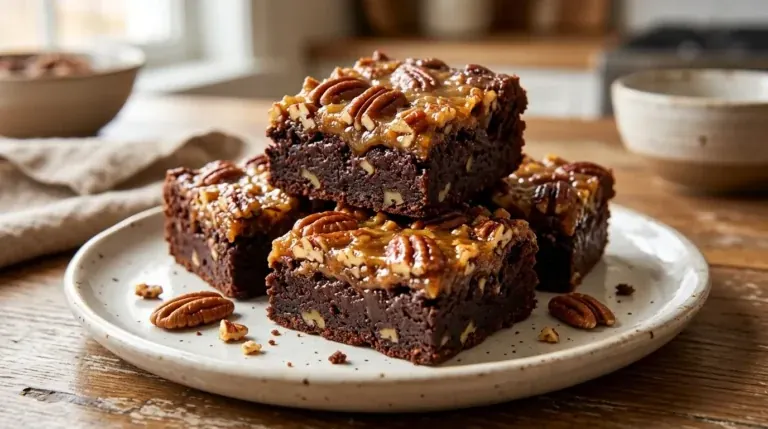 Pecan pie brownies with fudgy chocolate layers and caramelized pecan topping