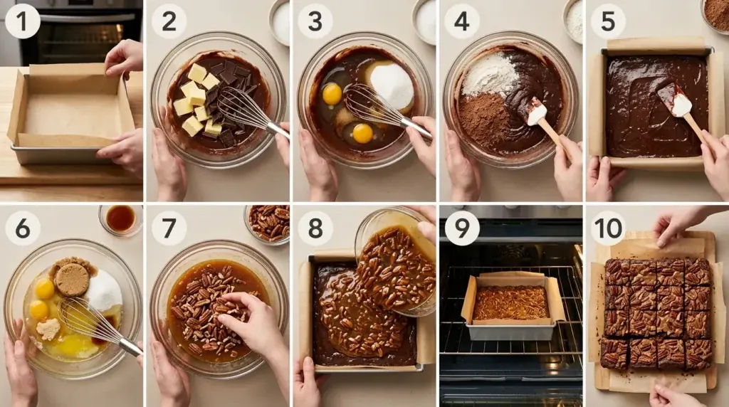 Step-by-step grid showing how to make pecan pie brownies from brownie batter to baked pecan topping
