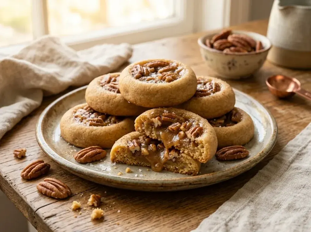 Freshly baked pecan pie cookies with gooey pecan centers