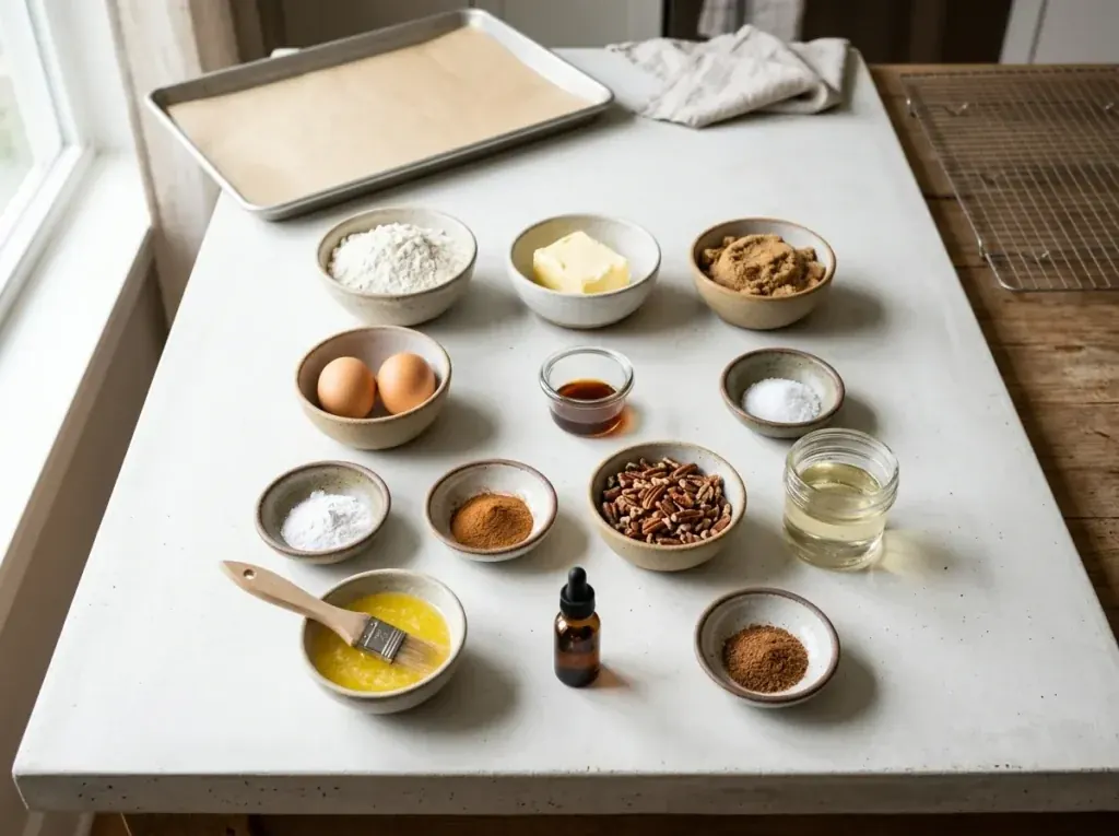 Ingredients for homemade pecan pie cookies arranged in separate bowls