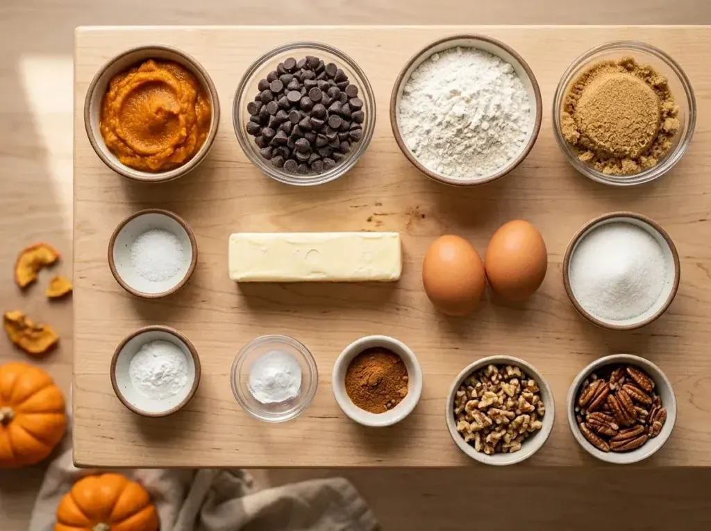 Ingredients for pumpkin chocolate chip cookies with pumpkin purée and chocolate chips