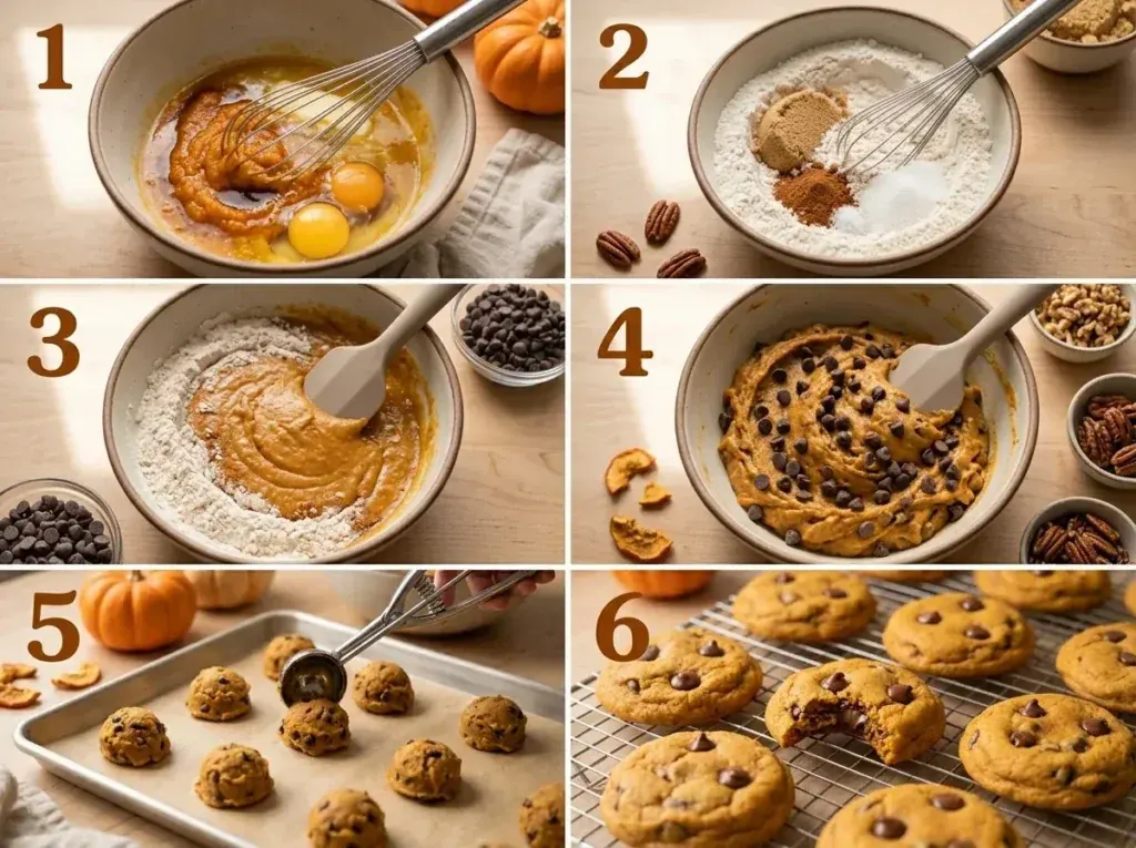 Step-by-step process for making pumpkin chocolate chip cookies
