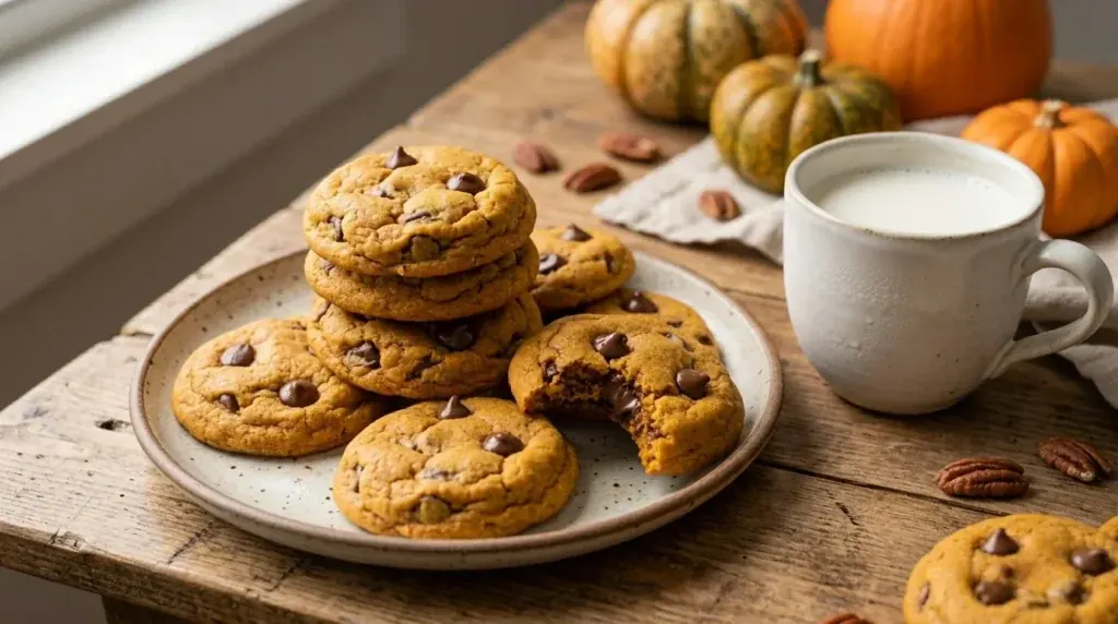 Soft pumpkin chocolate chip cookies on a plate with a cup of milk and pumpkins