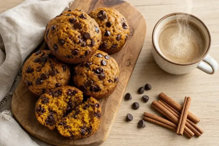 Overhead view of freshly baked pumpkin chocolate chip muffins with melted chocolate chips served beside a cup of coffee