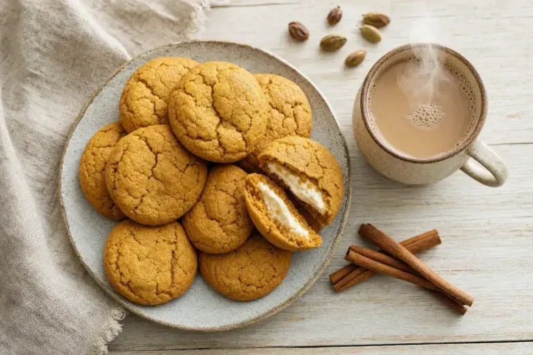 Overhead shot of soft pumpkin cream cheese cookies stacked with one broken open showing tangy filling, served with coffee.