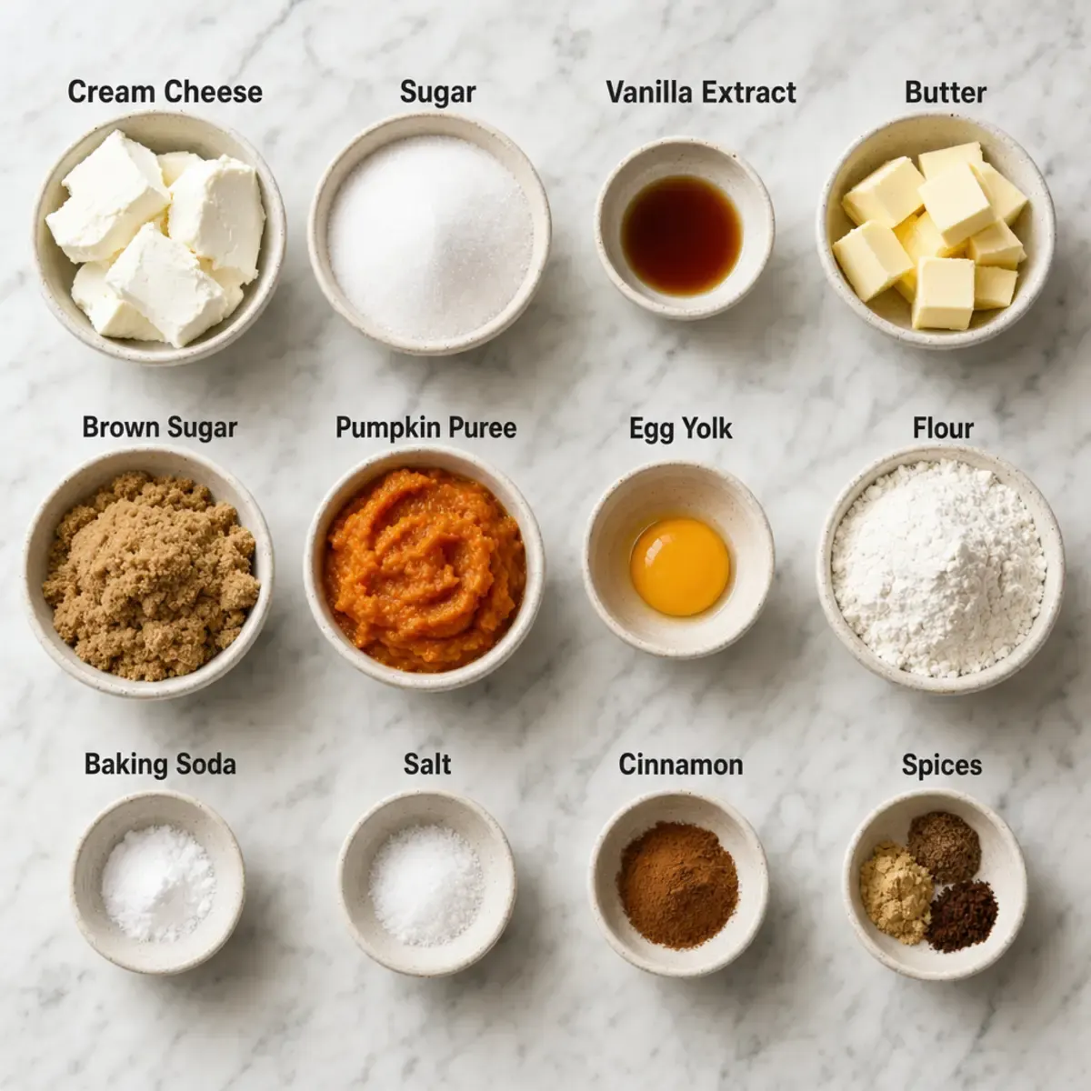 Flat lay of labeled ingredient bowls for pumpkin cream cheese cookies including pumpkin puree, cream cheese, and spices.