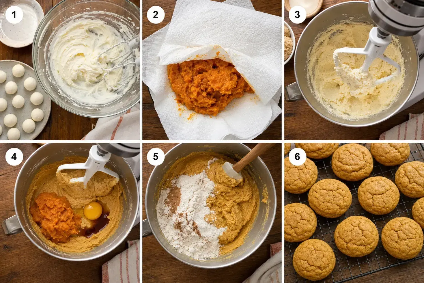 Six-panel grid showing how to make pumpkin cream cheese cookies, from mixing filling and dough to the finished baked cookies.