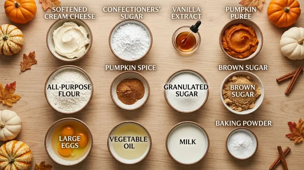 Ingredients for pumpkin cream cheese muffins arranged in labeled bowls