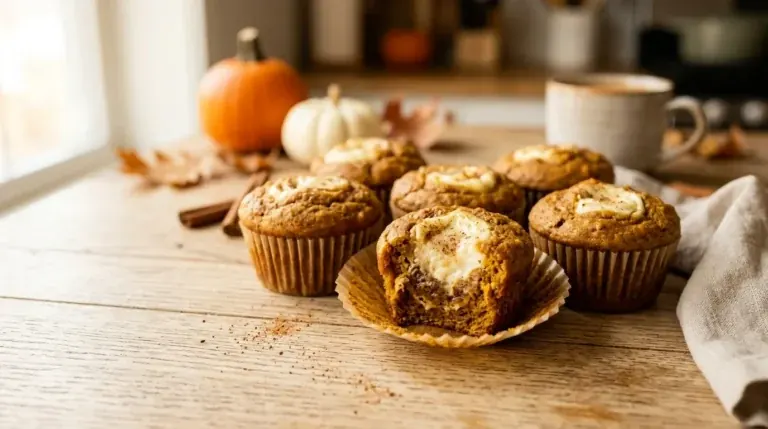 Homemade pumpkin cream cheese muffins with a creamy filling and warm autumn spices