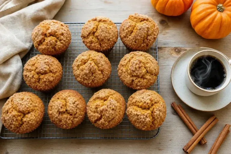 Overhead view of warm, streusel-topped pumpkin muffins served with coffee on a rustic wooden table