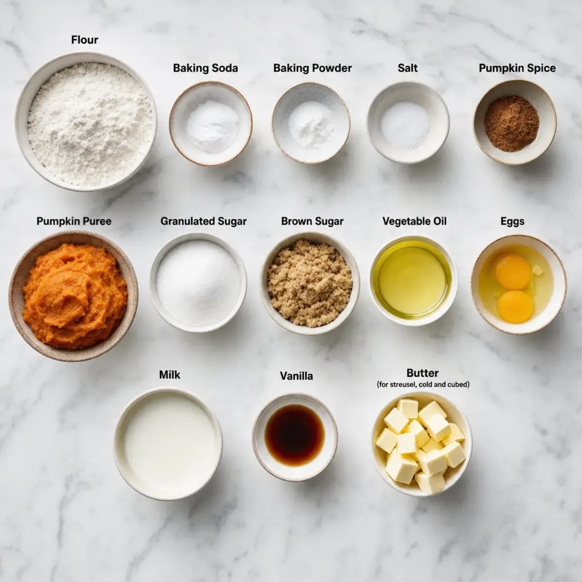 Flat lay of labeled ingredient bowls including pumpkin puree, flour, spices, and sugar for pumpkin muffins