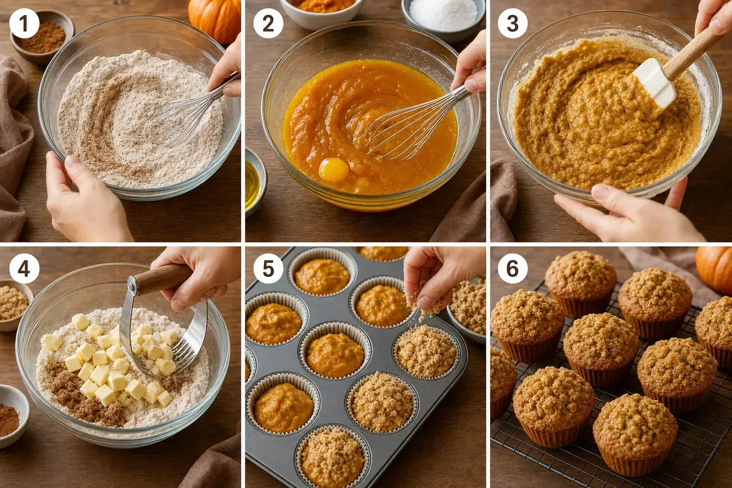 Six-panel grid showing step-by-step preparation of pumpkin muffins from mixing batter to golden baked result