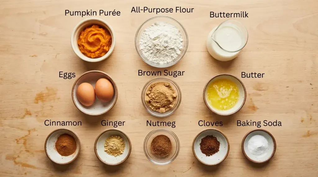 pumpkin pancake recipe ingredients in separate bowls